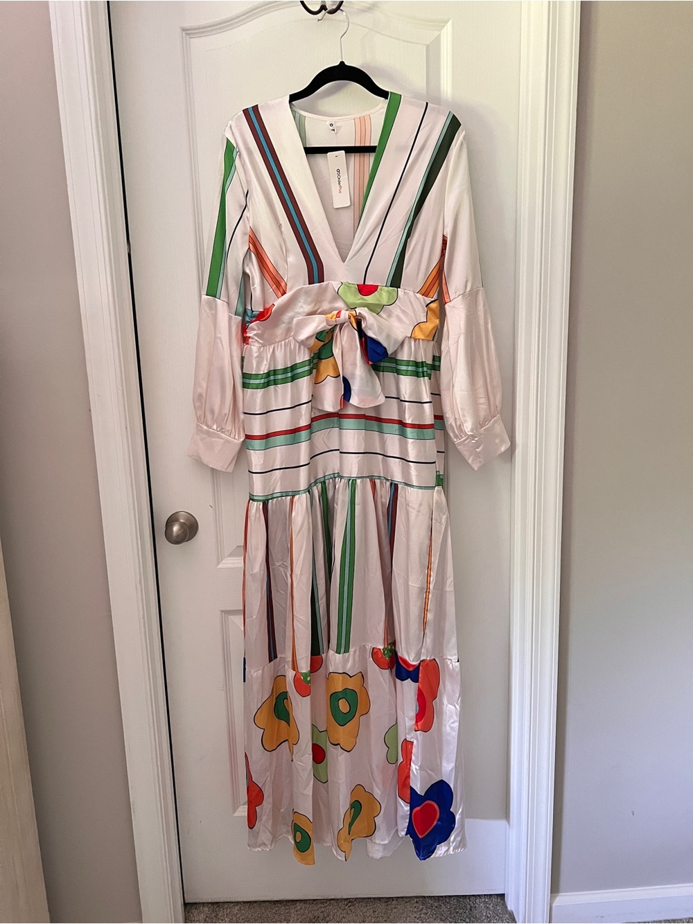 Floral Stripe Tie-Waist Maxi Dress - White with Multi Color Accents